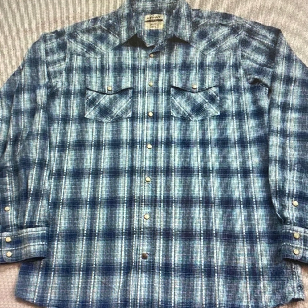 Ariat Men's Retro Fit Blue Plaid Western Snap Long Sleeve Large Tall FLAW